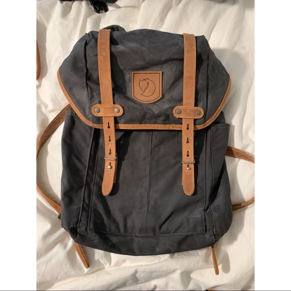 Black Canvas Backpack with Brown Leather Trim - Fjällräven Kånken Style